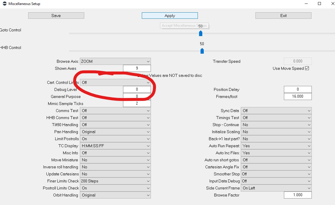 Image description: the Miscellaneous Setup dialog (Setups menu, Ctrl+M) with the Cart. Control Limits field circled, set to Off. Searchable terms: Miscellaneous Setup; Cart Control Limits; Ctrl+M.
