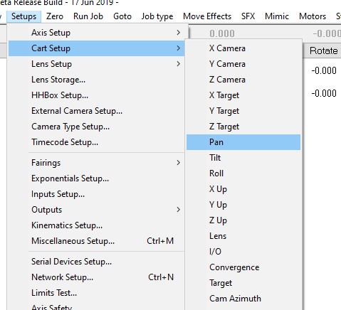 Image description: the Setups menu showing Cart Setup submenu (Pan highlighted) and Miscellaneous Setup as separate menu items, confirming the correct top-level menu name. Searchable terms: Setups menu; Cart Setup; Pan; Miscellaneous Setup.