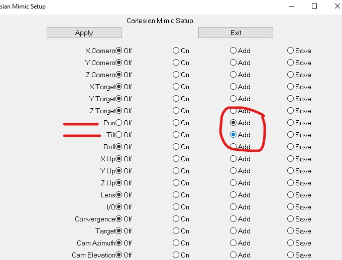 Image description: the Cartesian Mimic Setup dialog with the Pan and Tilt Add radio buttons circled/selected. Searchable terms: Cartesian Mimic Setup; Pan Add; Tilt Add.