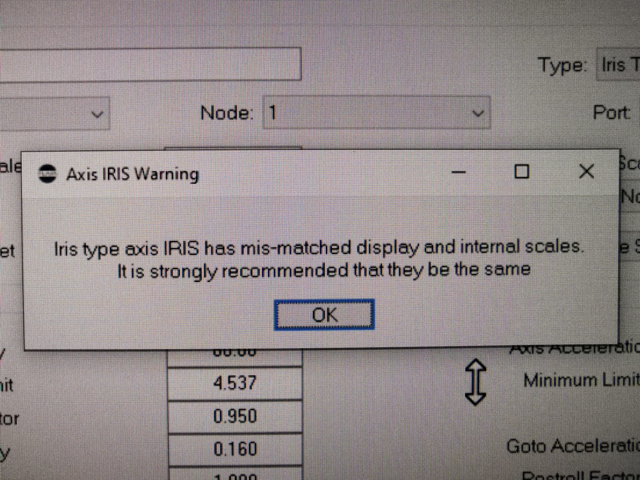 Flair axis scale setup screenshot showing display scale, internal scale, and recalculating scale question for iris axis.