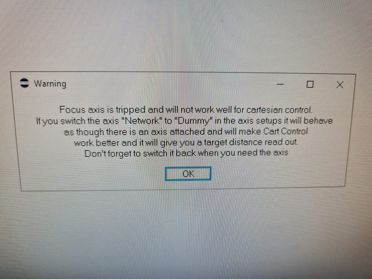 Lens setup warning screenshot when entering Carts with focus axis tripped or UltiBox focus output not loaded.