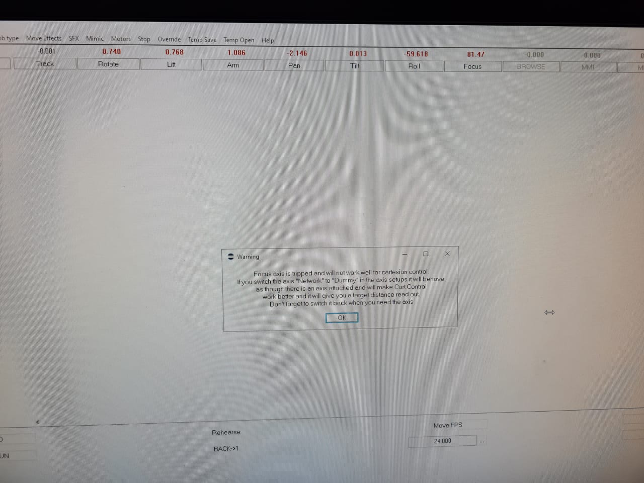 Related Flair lens setup / cart control warning screenshot for tripped focus axis.