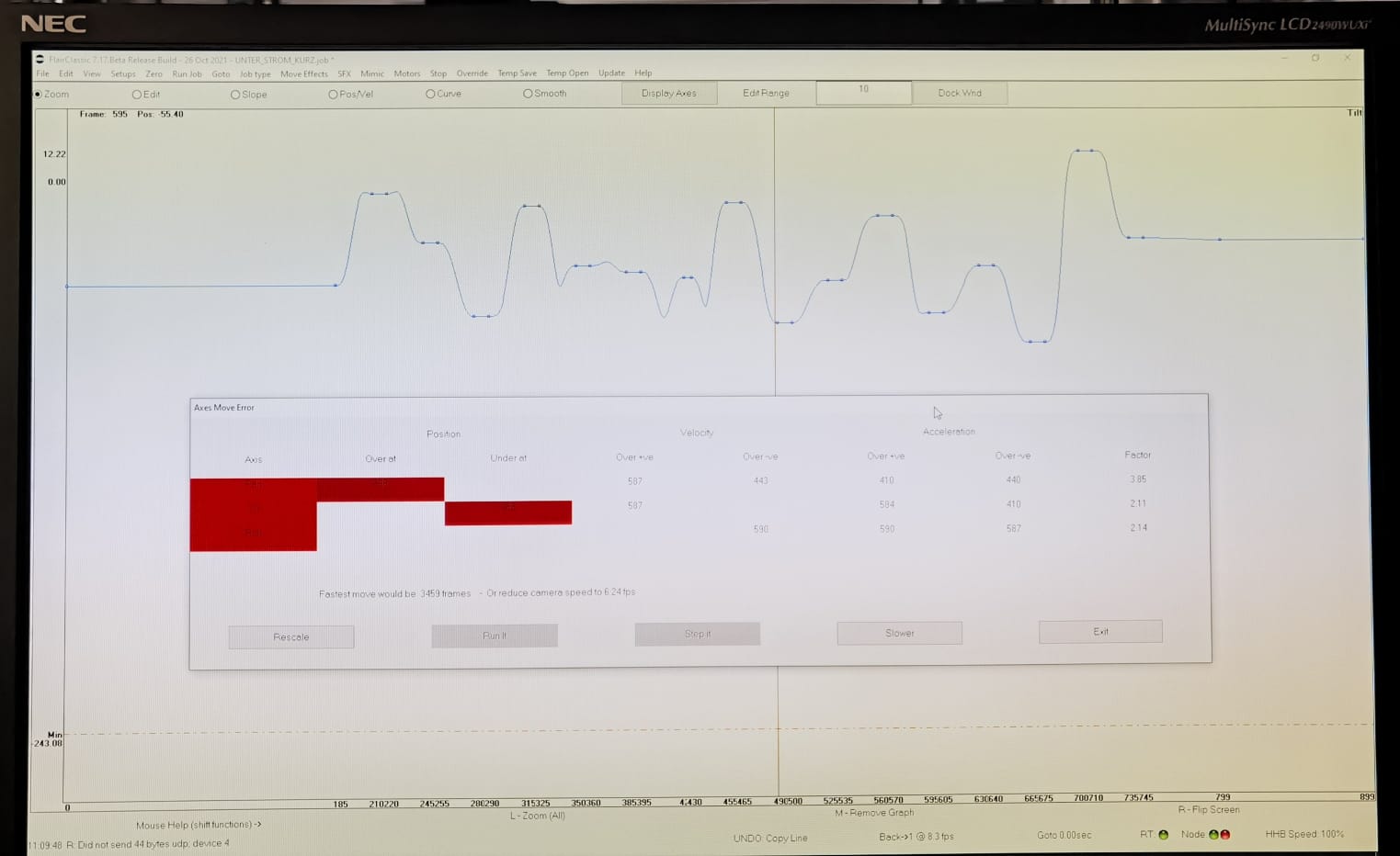 Flair axis move error screenshot when move duration passed about 800 frames; pan or tilt bottleneck suspected.