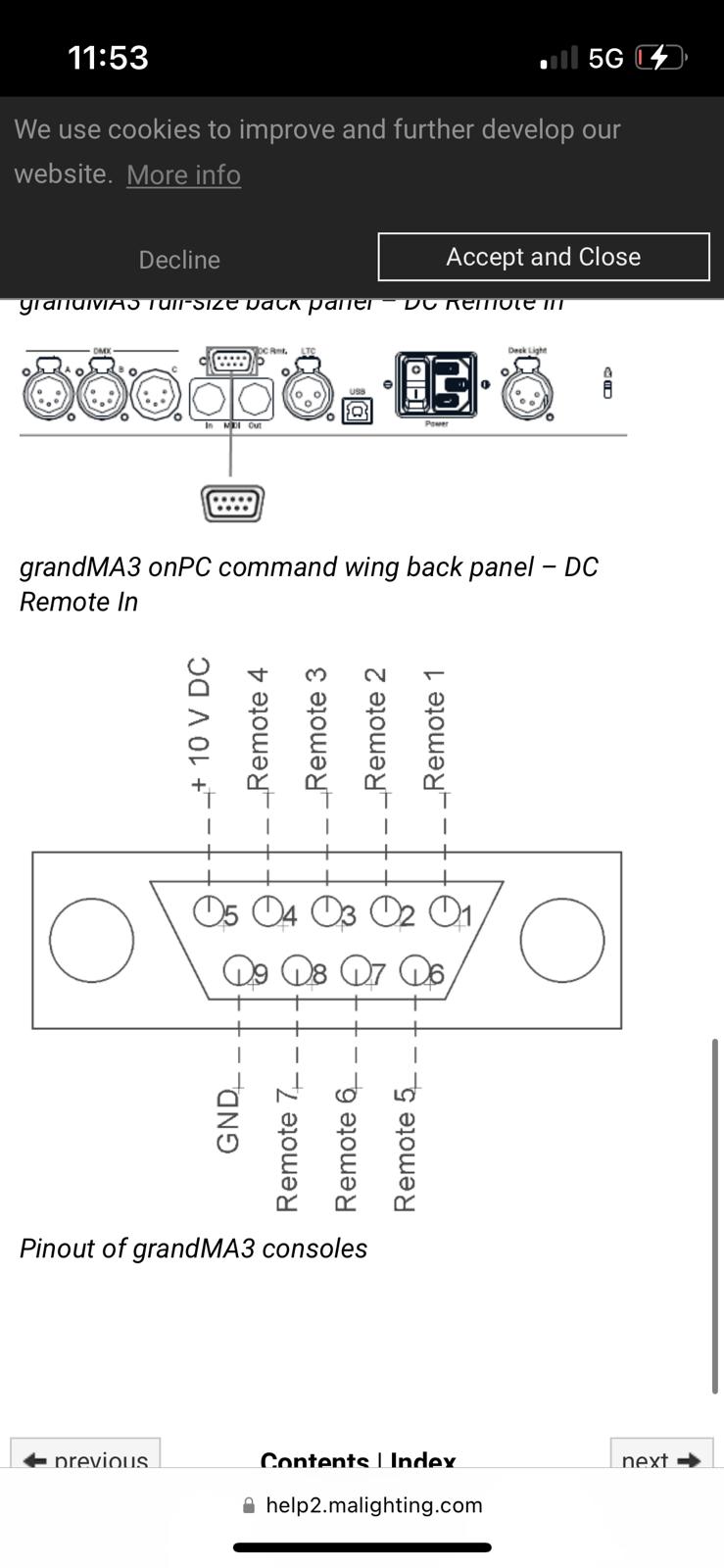 Visible UI text: grandMA3 full-size back panel DC Remote In, grandMA3 onPC command wing back panel DC Remote In, pinout of grandMA3 consoles, Remote 1, Remote 2, Remote 3, Remote 4, +10 V DC, GND.