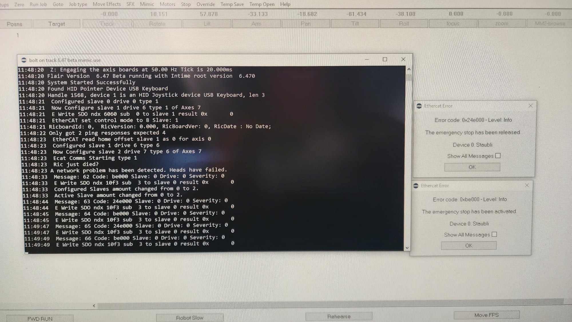 Screenshot/error description: Bolt will not engage after camera change; enable button does not engage robot and Flair/Staubli/CS8 error state appears. Source file: 00025544-VIDEO-2024-07-05-09-48-05.mp4.