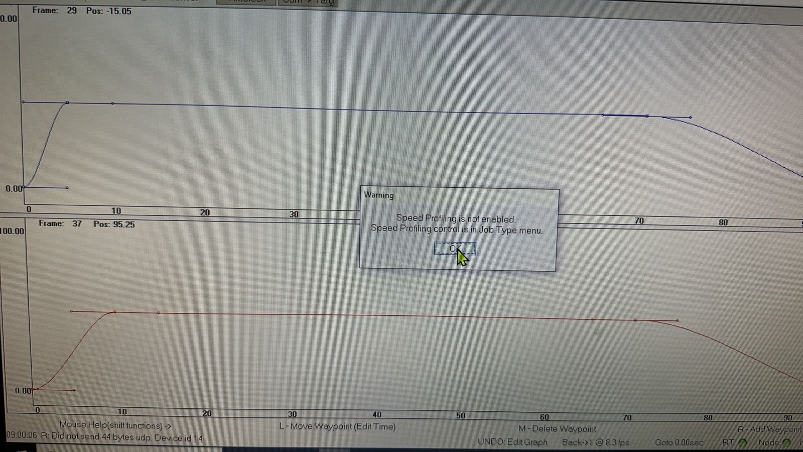 Image description: Flair 7 move-editing screenshots showing repeated speed-profile / Bezier warning while editing a Bolt X pedestal move. Searchable terms: speed profiling warning; Bezier speed profile warning; invalid speed profile; TT + Master; Flair 7.22 beta 28.