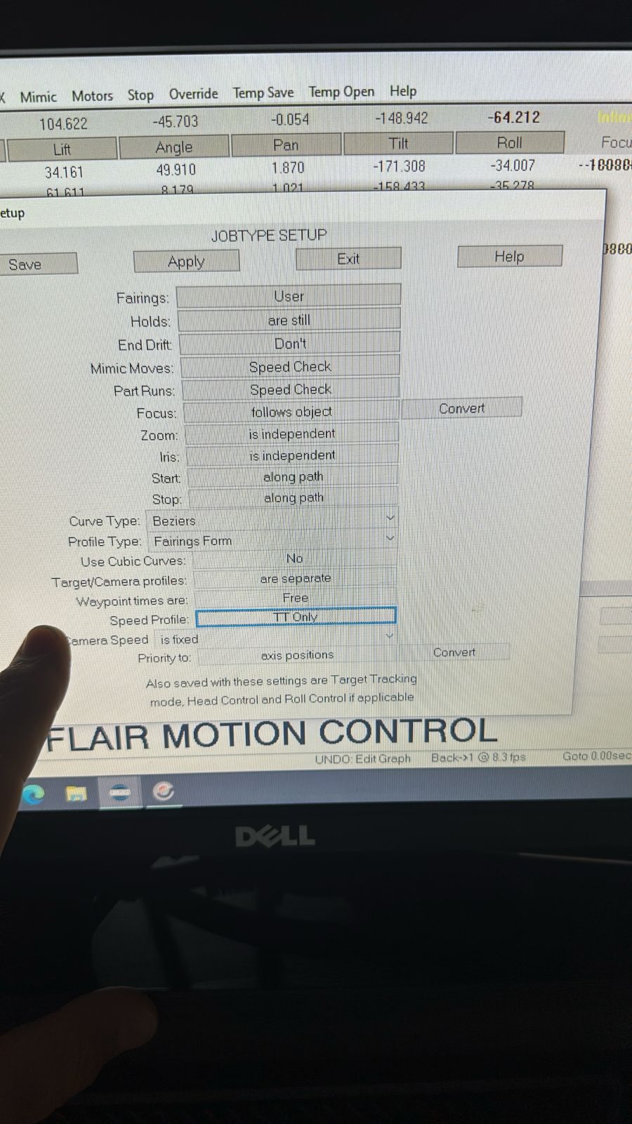 Image description: Flair 7 move-editing screenshots showing repeated speed-profile / Bezier warning while editing a Bolt X pedestal move. Searchable terms: speed profiling warning; Bezier speed profile warning; invalid speed profile; TT + Master; Flair 7.22 beta 28.