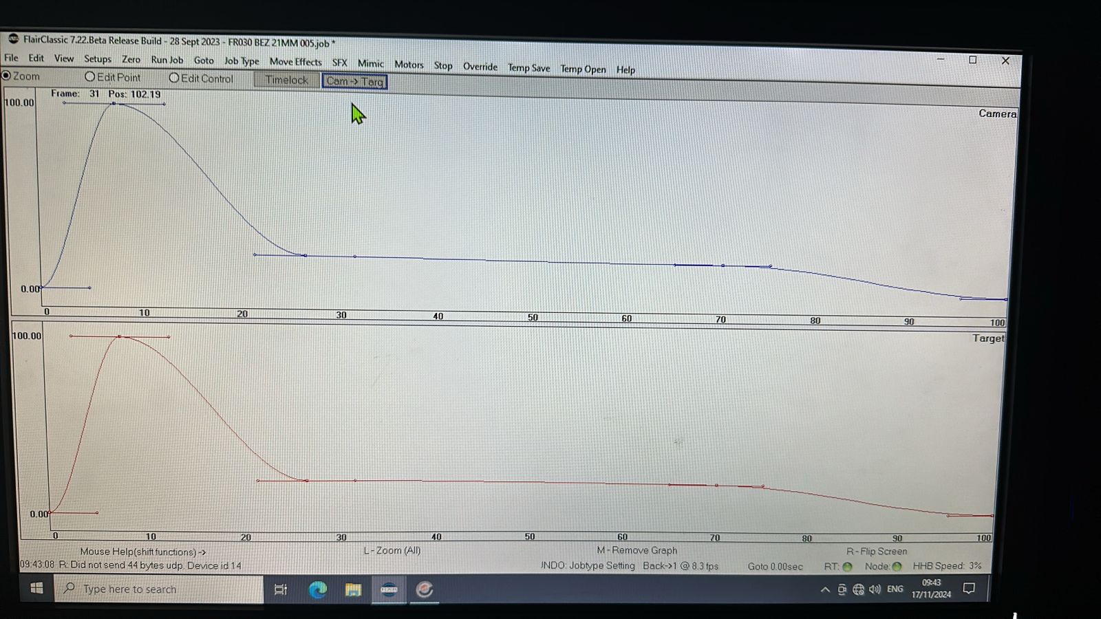 Image description: Flair 7 move-editing screenshots showing repeated speed-profile / Bezier warning while editing a Bolt X pedestal move. Searchable terms: speed profiling warning; Bezier speed profile warning; invalid speed profile; TT + Master; Flair 7.22 beta 28.