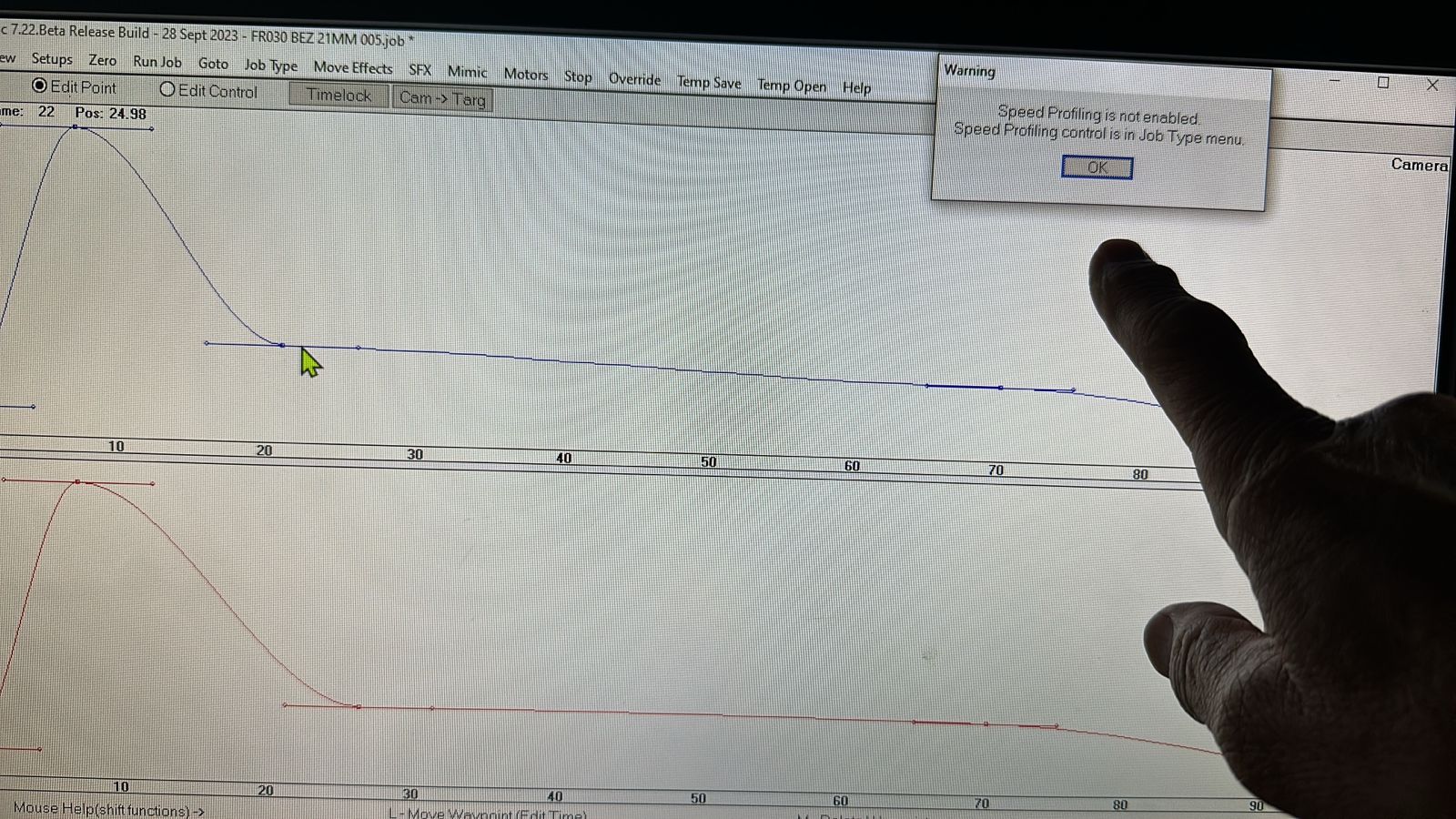 Image description: Flair 7 move-editing screenshots showing repeated speed-profile / Bezier warning while editing a Bolt X pedestal move. Searchable terms: speed profiling warning; Bezier speed profile warning; invalid speed profile; TT + Master; Flair 7.22 beta 28.
