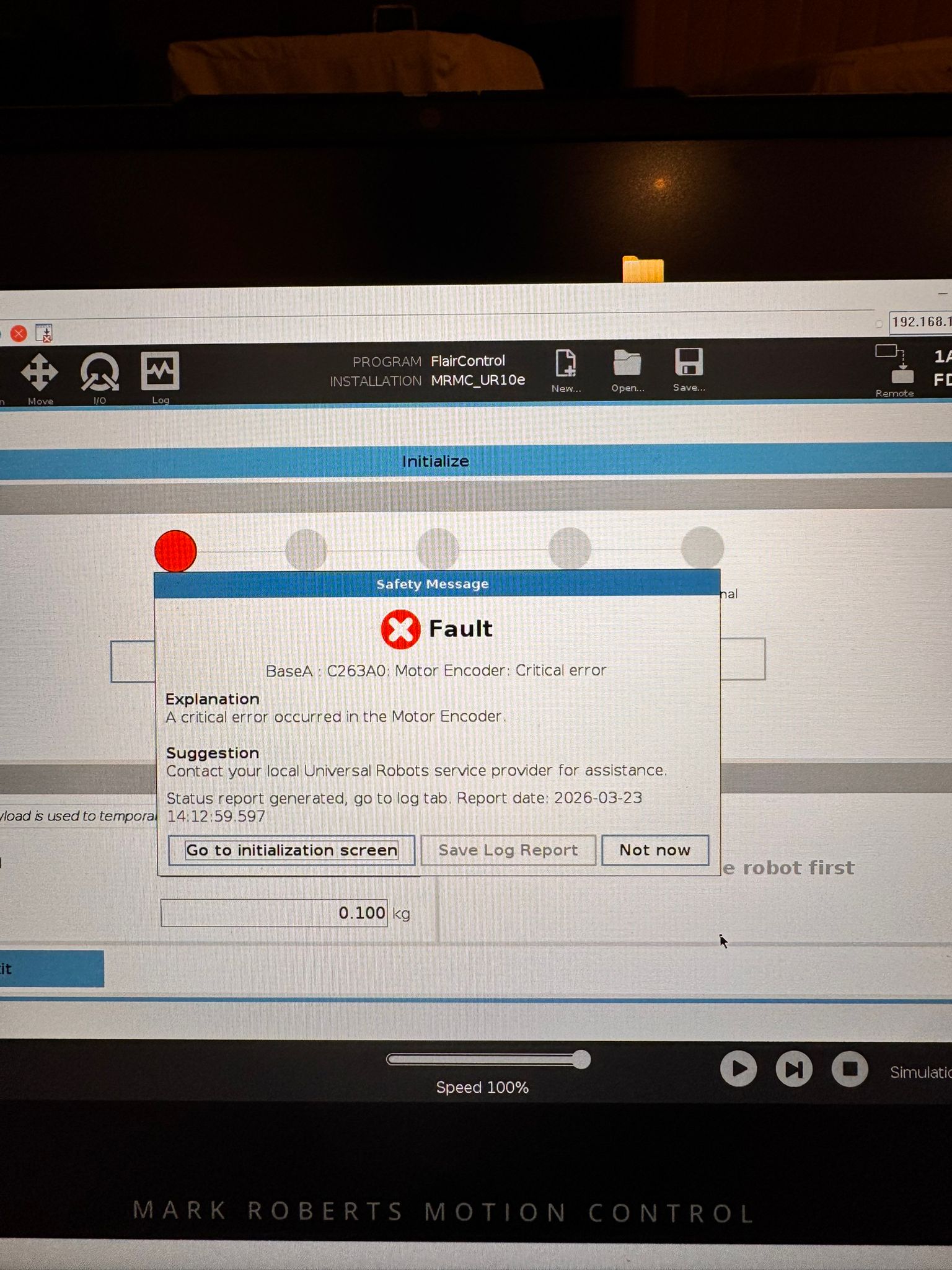 Universal Robots safety message: Fault. BaseA: C263A0: Motor Encoder: Critical error. A critical error occurred in the Motor Encoder. Contact your local Universal Robots service provider for assistance. Status report generated, go to log tab. Report date: 2026-03-23 14:12:59.597.
