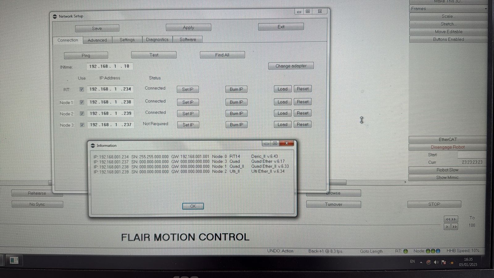 Visible UI text: Network Setup, InTime 192.168.1.10, RT 192.168.1.234 Connected, Node 1 192.168.1.238 Connected, Node 2 192.168.1.239 Connected, Node 3 192.168.1.237 Not Required, information window lists Node 3 Quad, Node 1 Quad II, Node 2 Ulti II.
