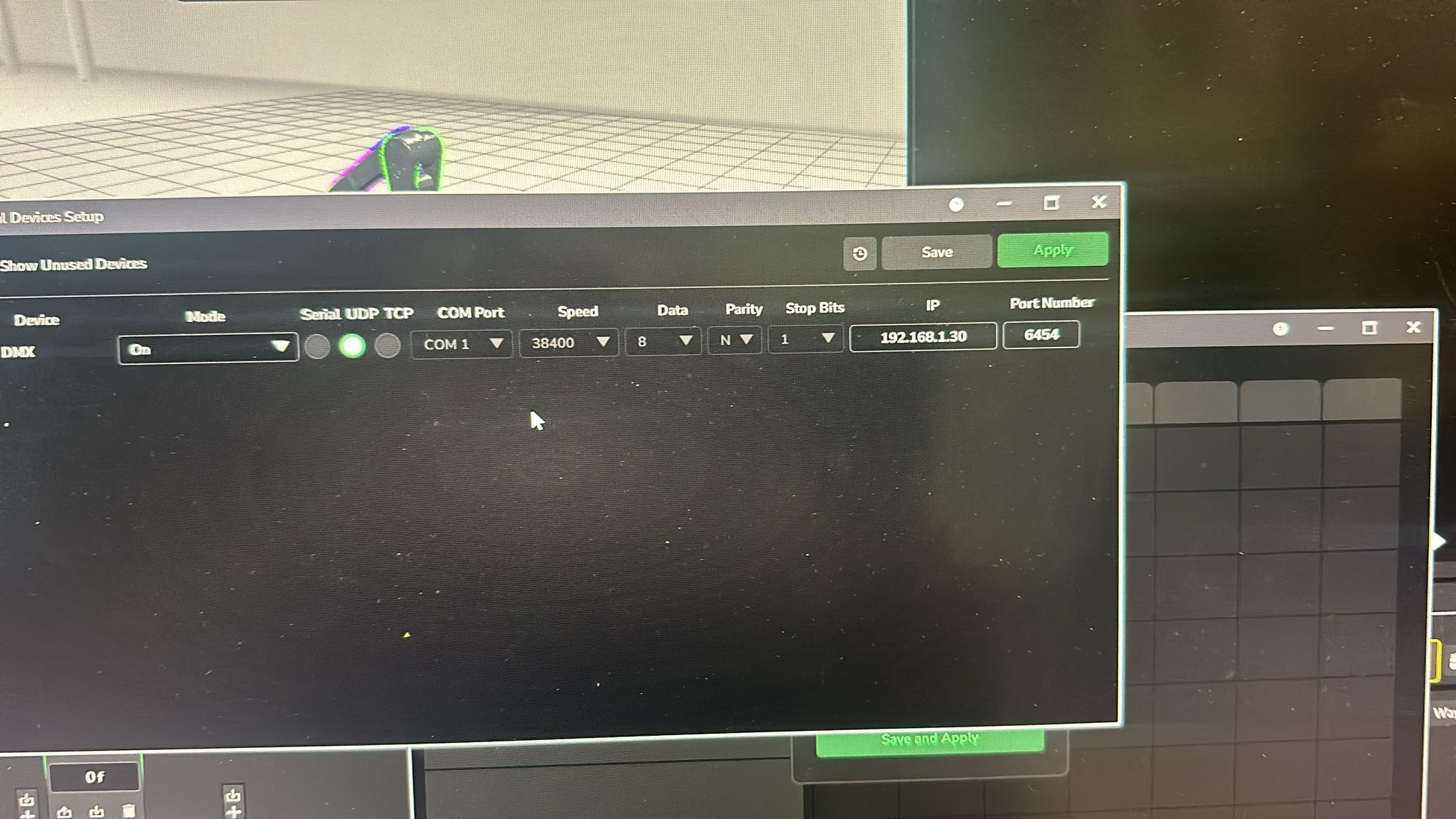 Visible UI text: External Devices Setup, DMX, UDP, IP 192.168.1.30, Port Number 6454, Save, Apply.