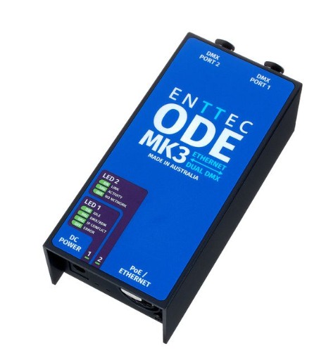 Image description: Enttec ODE MK3 Ethernet dual DMX interface, shown as the type of device expected rather than a USB-only controller.